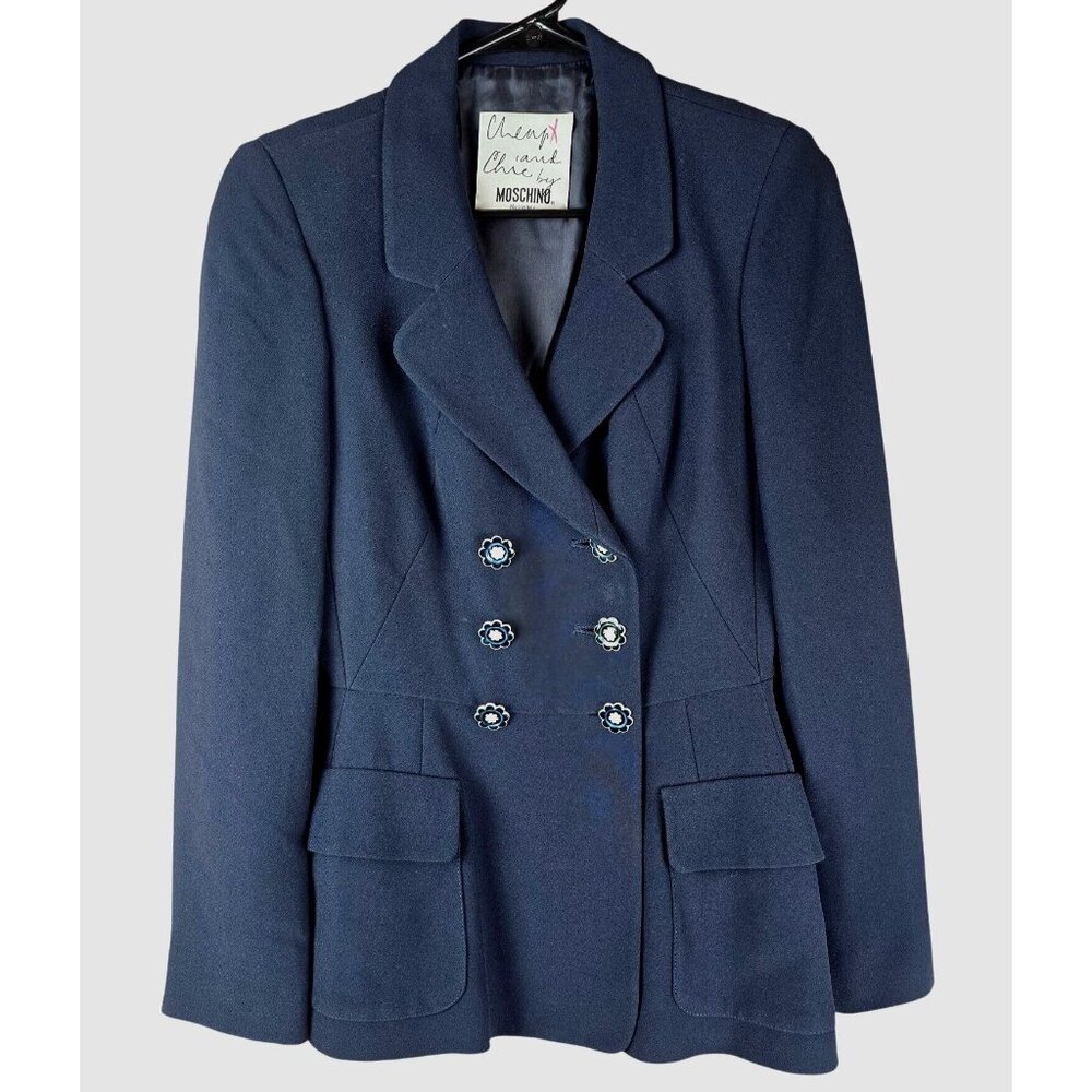 VTG Moschino Cheap & Chic Navy Double-Breasted Blazer Floral‎ Buttons & Back Bow